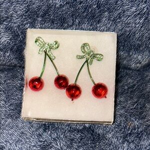 Cherry Dangle Earrings with Rhinestone Bows